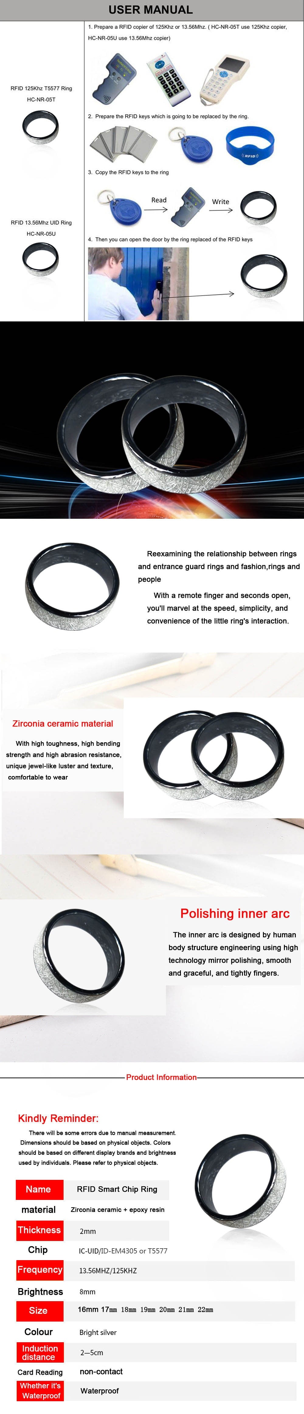 RFID - 125KHZ RFID Ceramics Smart Finger Bright silver Ring Wear for Men or Women