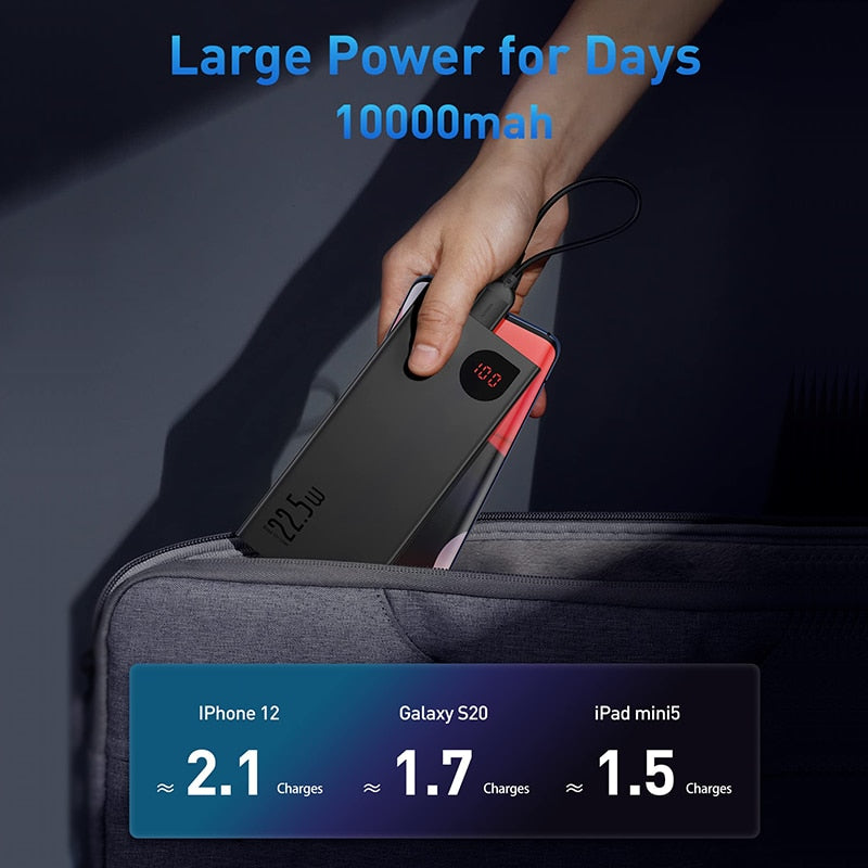 USB - Baseus Power Bank 10000mAh with 22.5W PD Fast Charging Powerbank Portable Battery Charger For iPhone 14 13 12 Pro Max Xiaomi